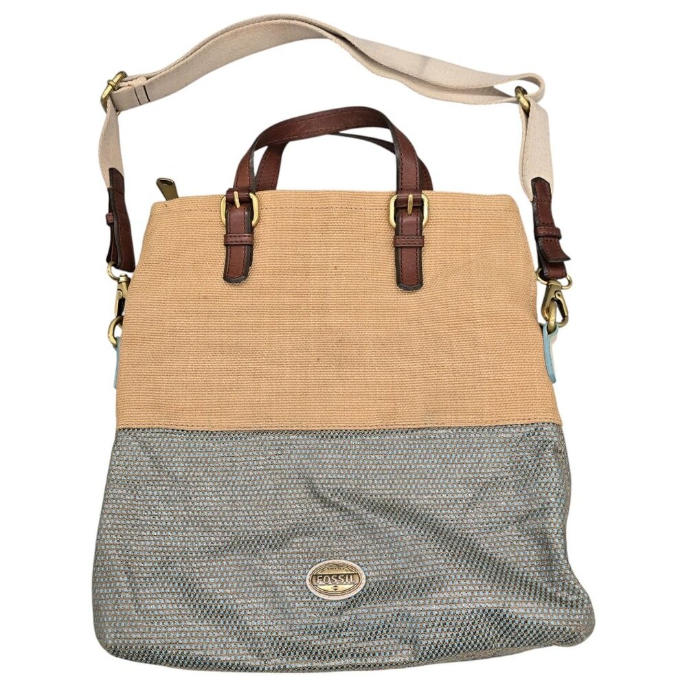 FOSSIL Explorer Woven Straw Triple Zip Hipster Crossbody Handbag Blue Beige EUC - Picture 2 of 16